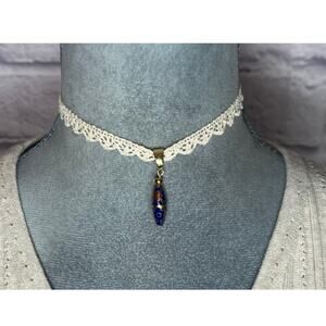Handmade Crochet Lace Choker with Upcycled Vintage Floral Cloisonne Pendant